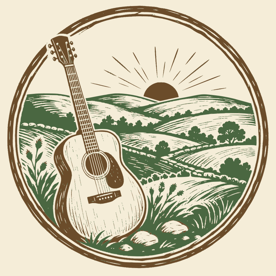 The Picker's Guide badge: an acoustic guitar leaning against rolling hills at sunrise